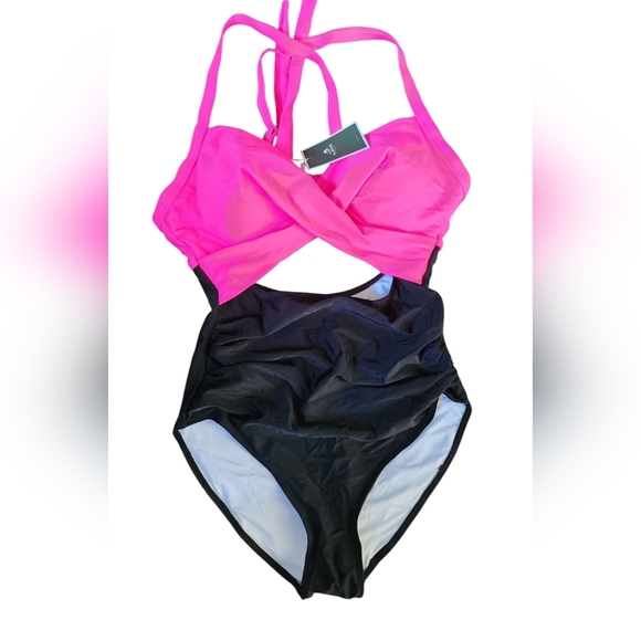 NWT Pink and Black Cutout High Waist Swimsuit Medium - Picture 2 of 7